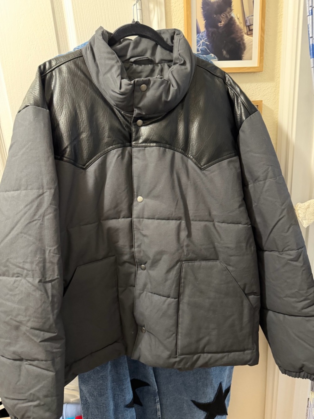 Old Navy Western Gray Puffer Jacket with Black Faux-Leather Yoke